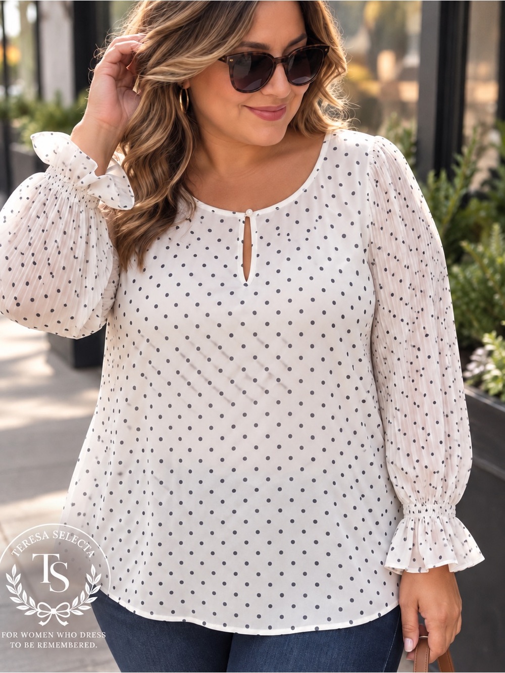 Talbots Plus Polka Dot Pleated Sleeve Blouse White Black Size 2X
